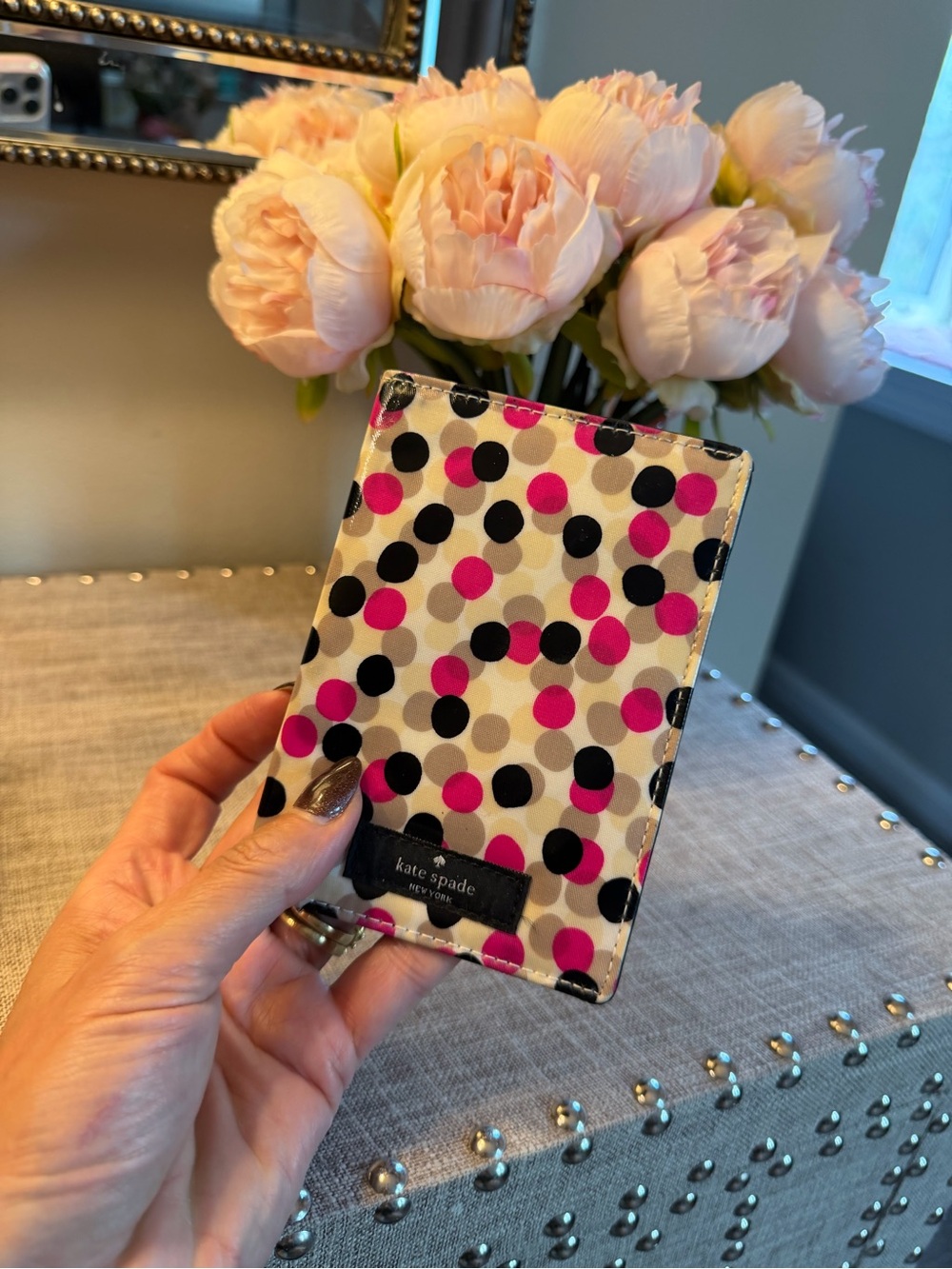 Like new kate spade Polka Dot Passport Wallet in Hot Pink, Black & Cream